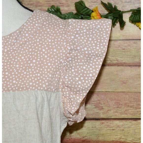 Entro Beige & Pink Cap Sleeve Tiered Blouse Top Size S Striped Polka Dots Cute - Picture 3 of 13